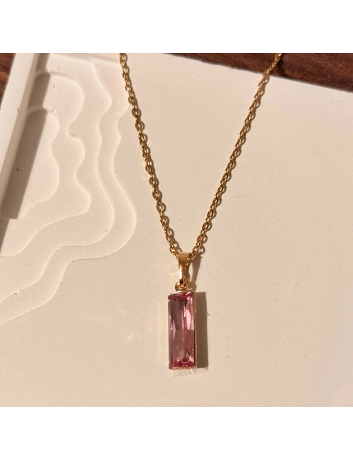 Pembe Dikdörtgen Taşlı Kolye