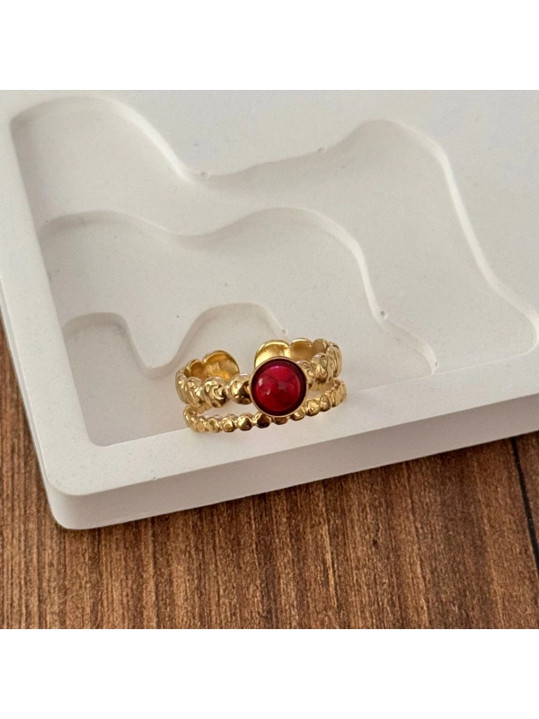 Kırmızı Taşlı Gold Yüzük - Ayarlanabilir