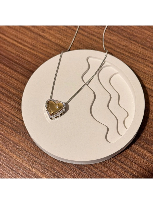 Gold Silver Taşlı Kalp Kolye
