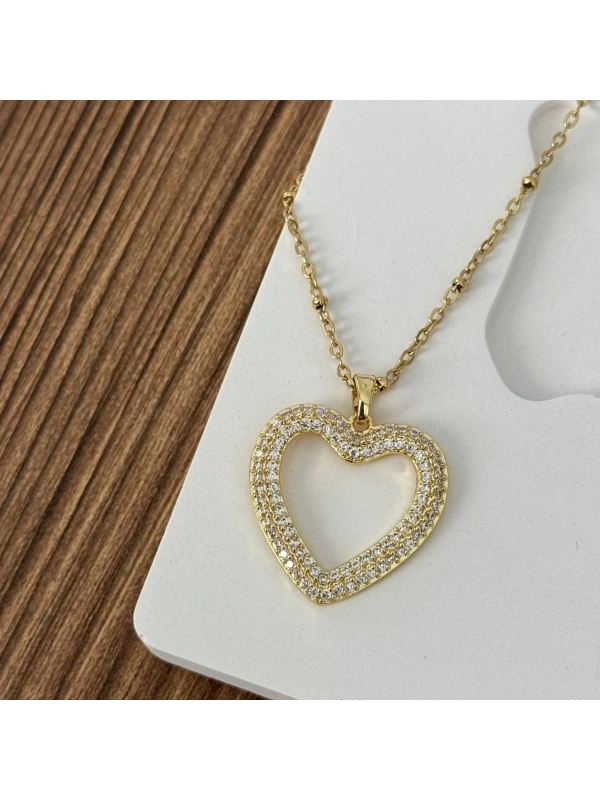 Geniş Taşlı Gold Kalp Kolye