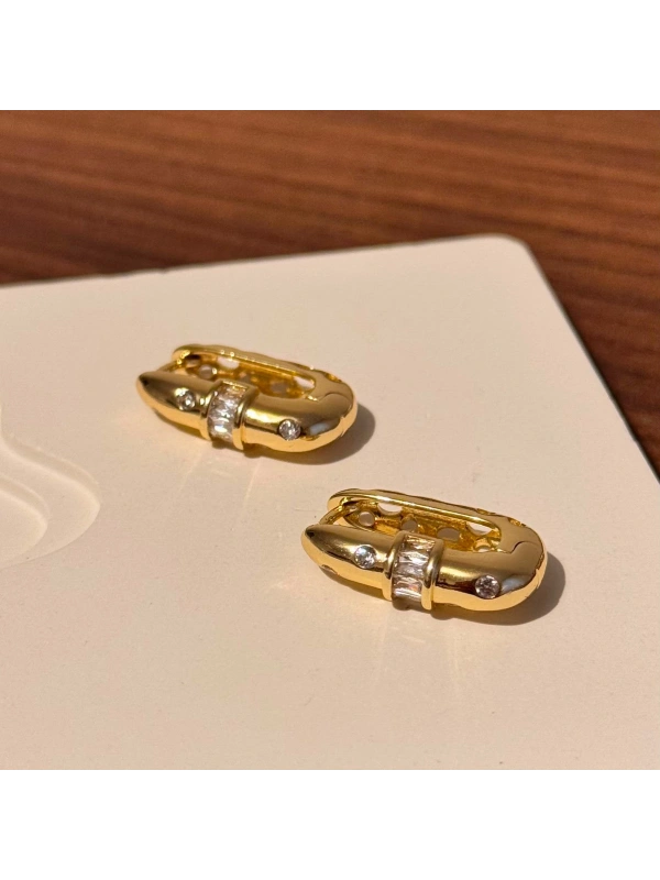 Gold Yatay Taşlı Küpe