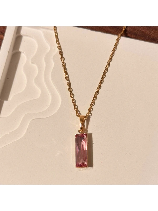 Pembe Dikdörtgen Taşlı Kolye