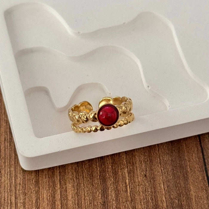 Kırmızı Taşlı Gold Yüzük - Ayarlanabilir