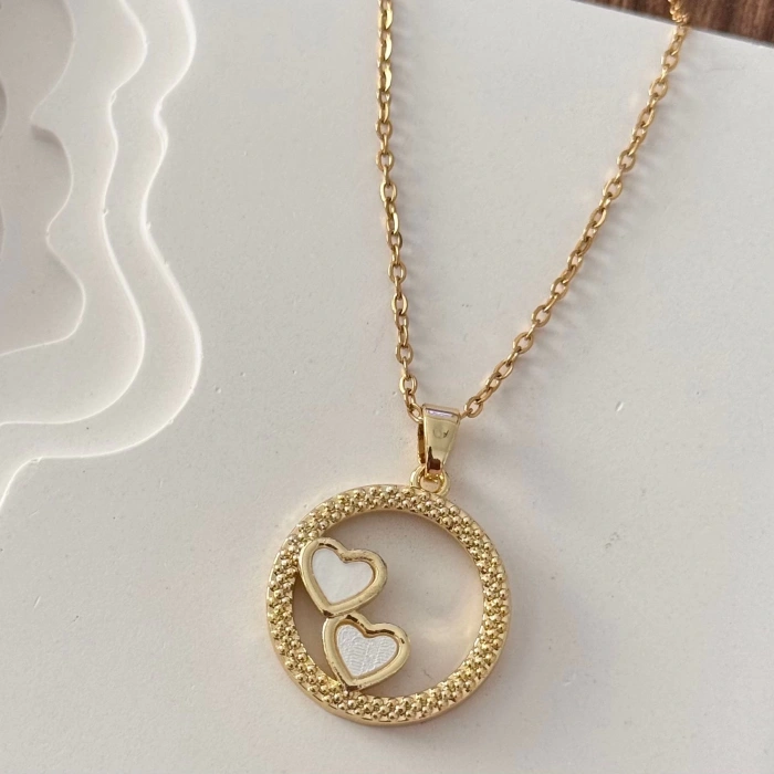 İkili Kalp Gold Plaka Kolye