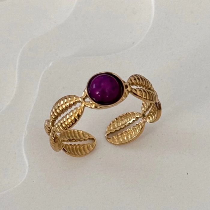 Mor Taşlı Gold Yüzük - Ayarlanabilir