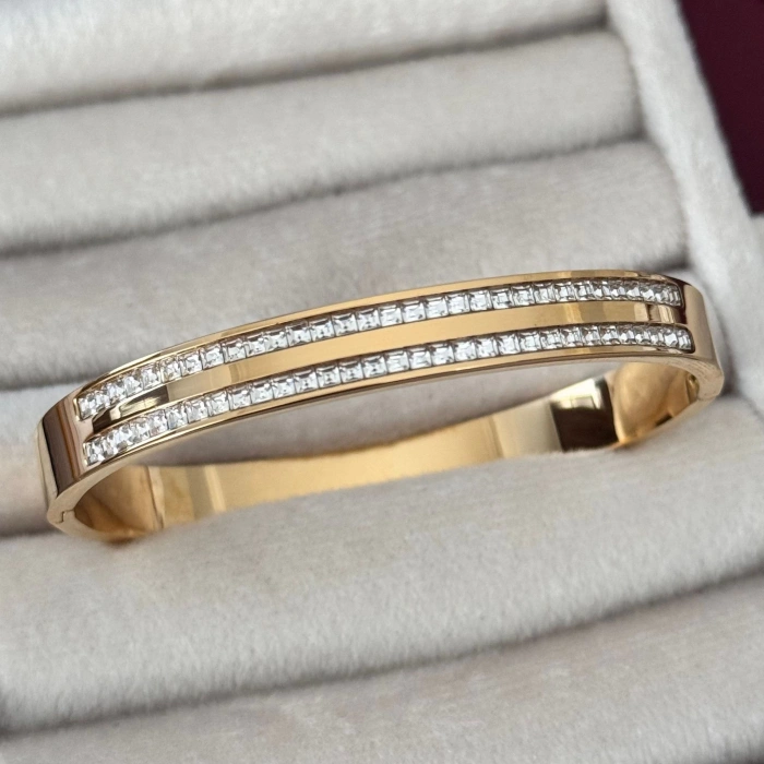 Taşlı Sıralı Kelepçe Bileklik Gold