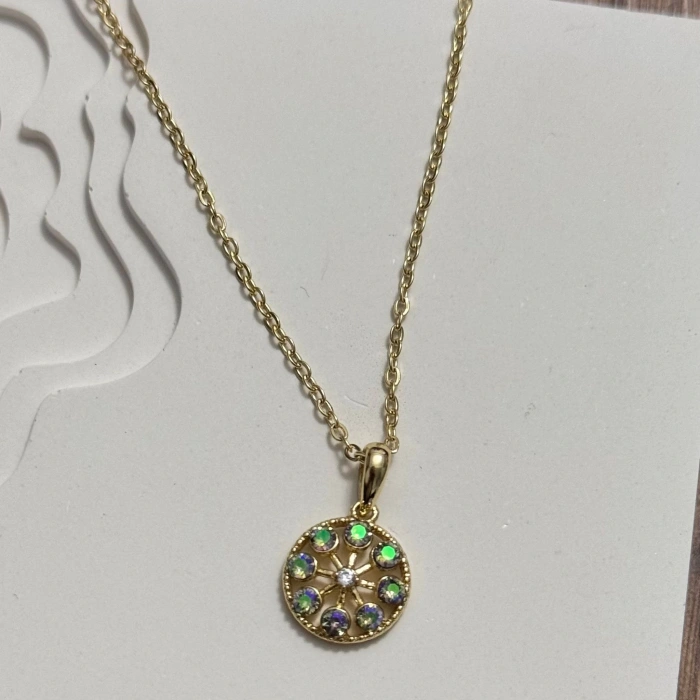 Yuvarlak Hologram Taşlı Kolye