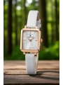 Deri Kordon Çelik Kasa Kadın Kol Saati+Bileklik Hediyeli Beyaz-Rose sddk108
