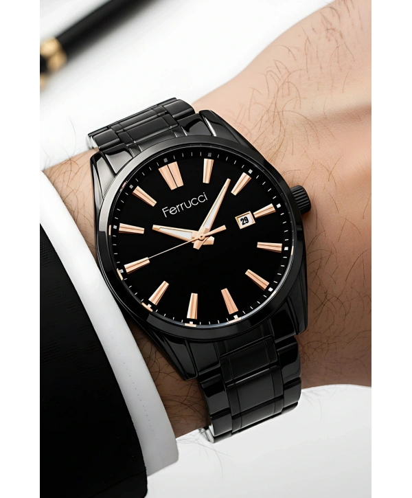 Takvimli Erkek Kol Saati Çelik Kordon 3 Atm Suya Dayanıklı Bileklik Hediyeli Siyah-Rose sdf