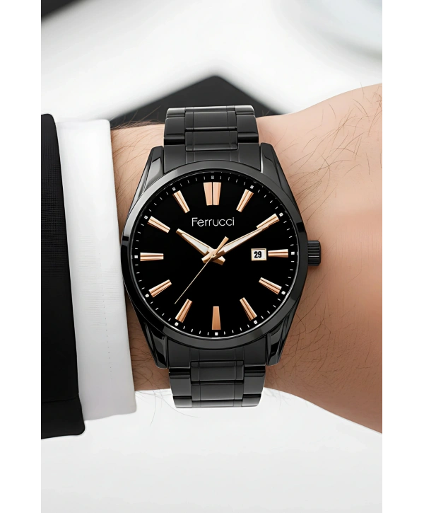 Takvimli Erkek Kol Saati Çelik Kordon 3 Atm Suya Dayanıklı Bileklik Hediyeli Siyah-Rose sdf