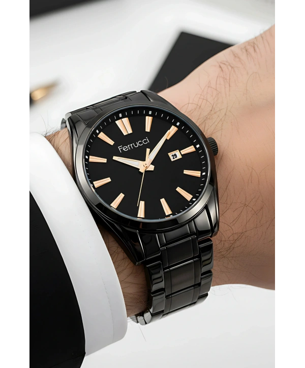 Takvimli Erkek Kol Saati Çelik Kordon 3 Atm Suya Dayanıklı Bileklik Hediyeli Siyah-Rose sdf