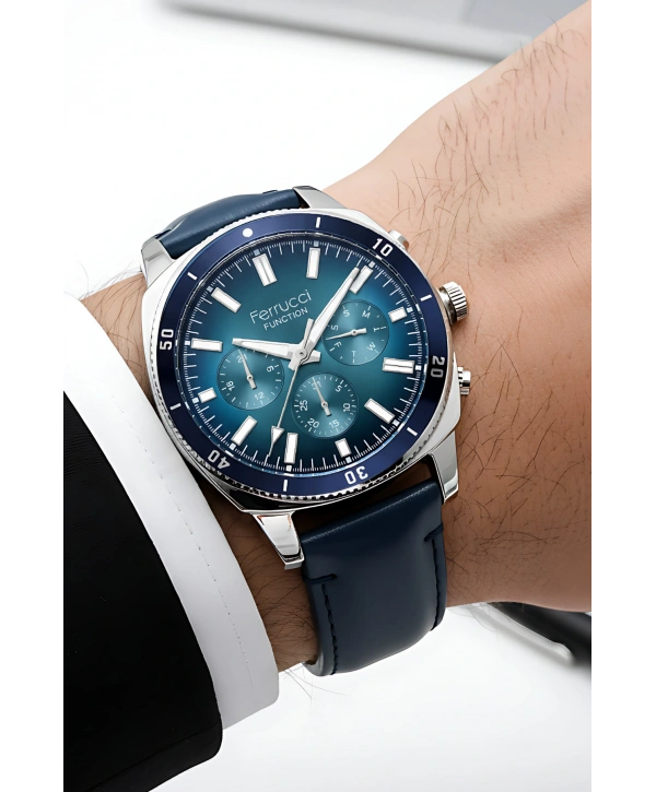 Function Erkek Kol Saati Deri Kordon Kordon 3 Atm Suya Dayanıklı Bileklik Hediyeli Gümüş-Mavi Sd