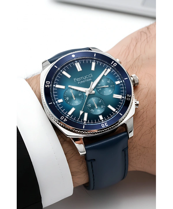 Function Erkek Kol Saati Deri Kordon Kordon 3 Atm Suya Dayanıklı Bileklik Hediyeli Gümüş-Mavi Sd