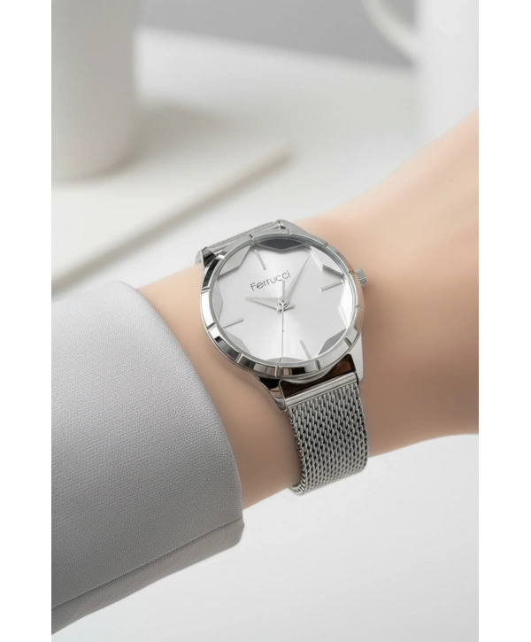 Ferrucci Kadın Kol Saati Çelik Kordon 3 Atm Suya Dayanıklı Bileklik Hediyeli Gümüş Sdfer054