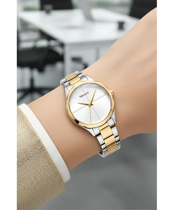 Ferrucci Kadın Kol Saati Çelik Kordon 3 Atm Suya Dayanıklı Bileklik Hediyeli Gümüş-altın Sdfer052