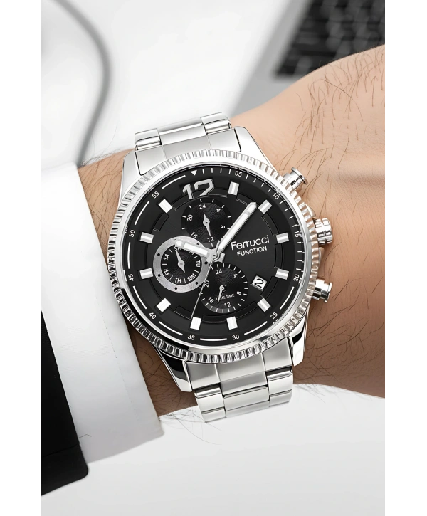 Function Erkek Kol Saati Çelik Kordon Gümüş-Siyah Bileklik Hediyeli 3atm sdfer061