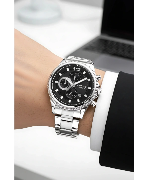 Function Erkek Kol Saati Çelik Kordon Gümüş-Siyah Bileklik Hediyeli 3atm sdfer061
