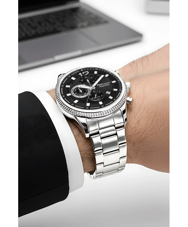 Function Erkek Kol Saati Çelik Kordon Gümüş-Siyah Bileklik Hediyeli 3atm sdfer061