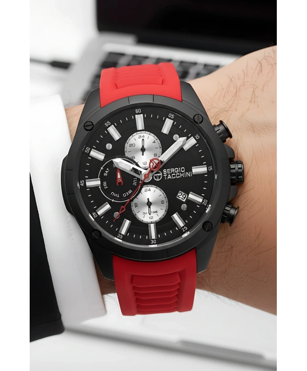 Sergio Tacchini Premium Lüx Erkek Kol Saati Kırmızı Silikon Kordon Siyah Renk Kasa Stsd002