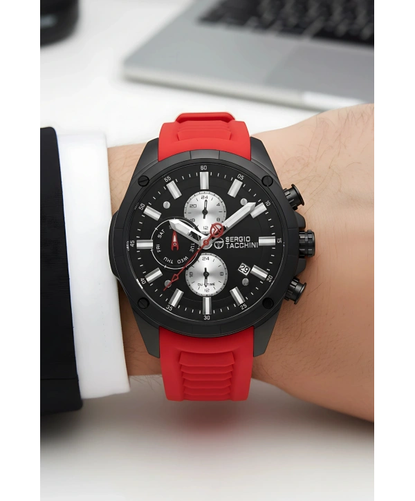 Sergio Tacchini Premium Lüx Erkek Kol Saati Kırmızı Silikon Kordon Siyah Renk Kasa Stsd002