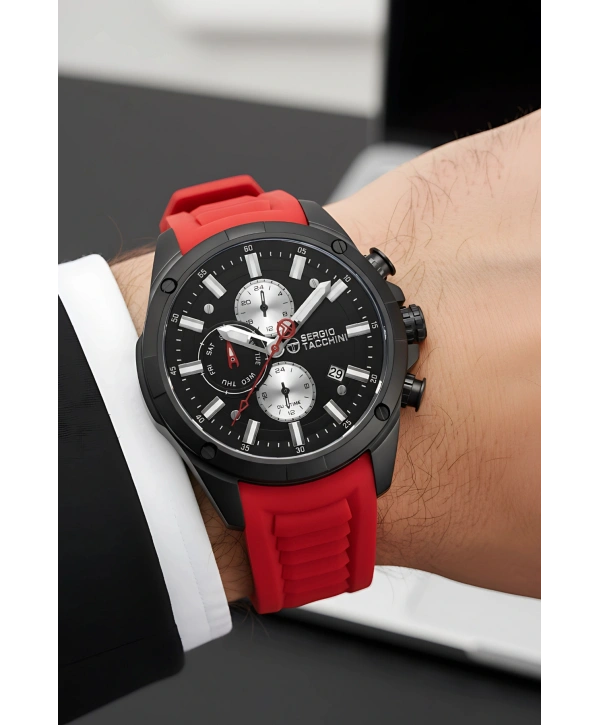 Sergio Tacchini Premium Lüx Erkek Kol Saati Kırmızı Silikon Kordon Siyah Renk Kasa Stsd002
