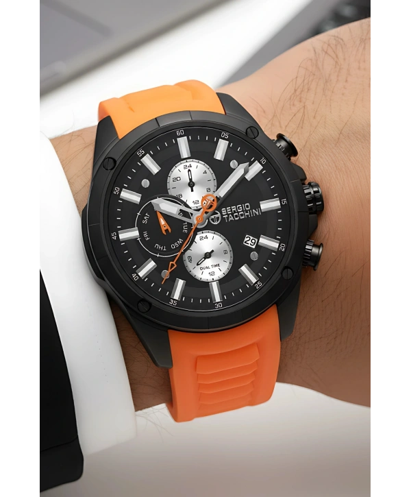 Sergio Tacchini Premium Lüx Erkek Kol Saati Turuncu Silikon Kordon Siyah Renk Kasa Stsd002