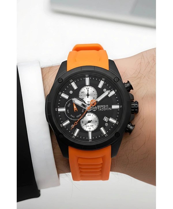 Sergio Tacchini Premium Lüx Erkek Kol Saati Turuncu Silikon Kordon Siyah Renk Kasa Stsd002