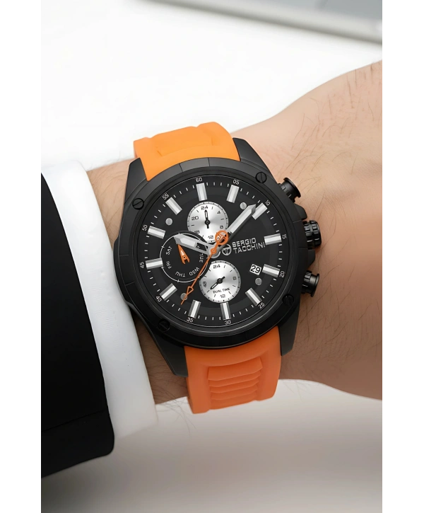 Sergio Tacchini Premium Lüx Erkek Kol Saati Turuncu Silikon Kordon Siyah Renk Kasa Stsd002