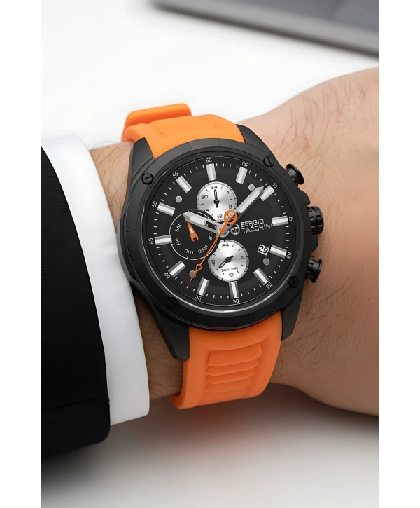 Sergio Tacchini Premium Lüx Erkek Kol Saati Turuncu Silikon Kordon Siyah Renk Kasa Stsd002