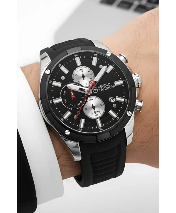 Sergio Tacchini Premium Lüx Erkek Kol Saati Siyah Silikon Kordon Gümüş Renk Kasa Stsd002