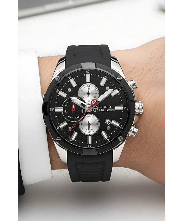 Sergio Tacchini Premium Lüx Erkek Kol Saati Siyah Silikon Kordon Gümüş Renk Kasa Stsd002