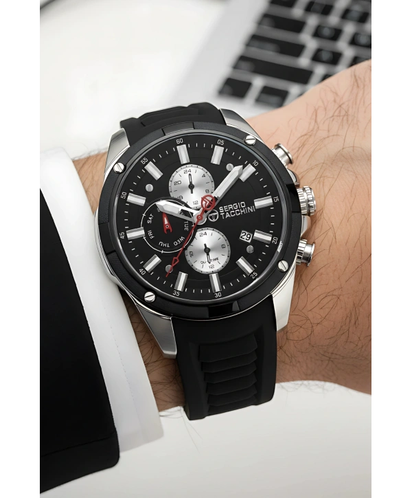 Sergio Tacchini Premium Lüx Erkek Kol Saati Siyah Silikon Kordon Gümüş Renk Kasa Stsd002