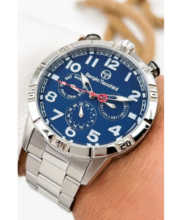 Sergio Tacchini Premium Lüx Çelik Kordon Erkek Kol Saati Gümüş-mavi Stsd009