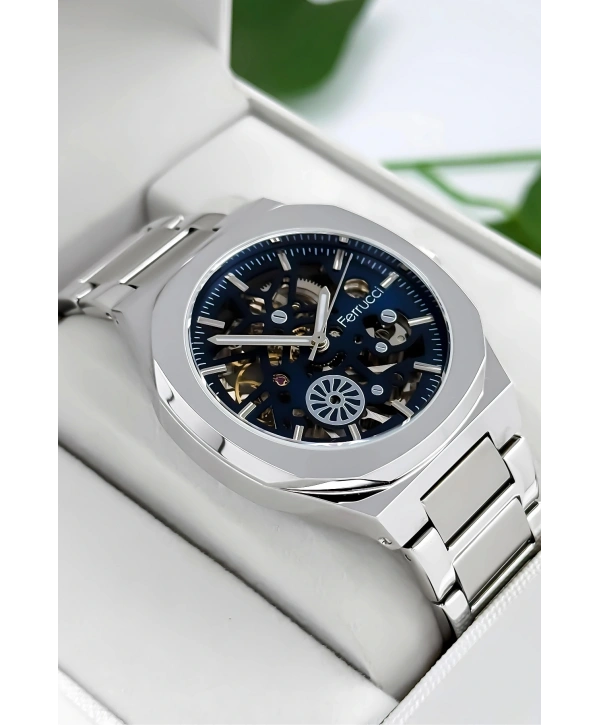 Otomatik Erkek Saati, Gümüş Renk Çelik Kordon&Kasa, Mavi Kadran, Cam Arka Kapak sdfer078