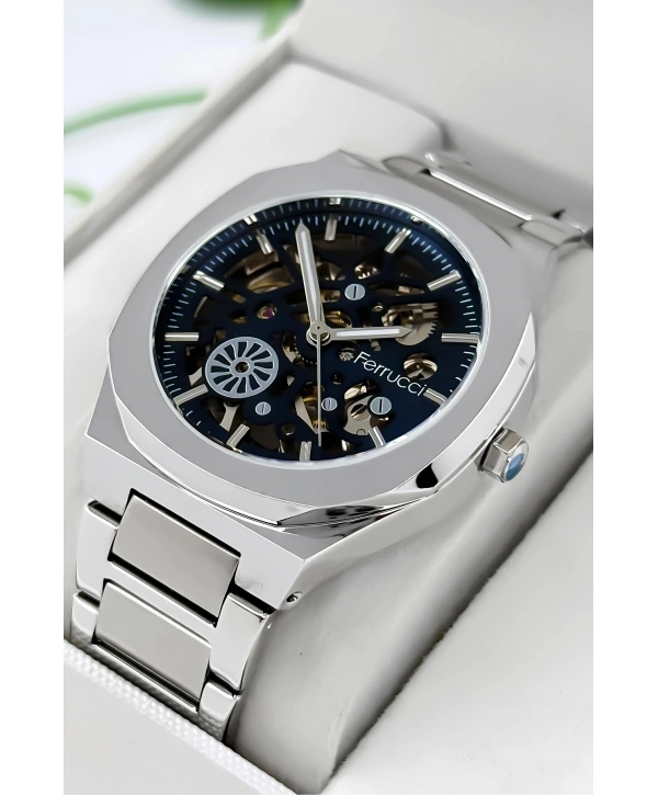 Otomatik Erkek Saati, Gümüş Renk Çelik Kordon&Kasa, Mavi Kadran, Cam Arka Kapak sdfer078