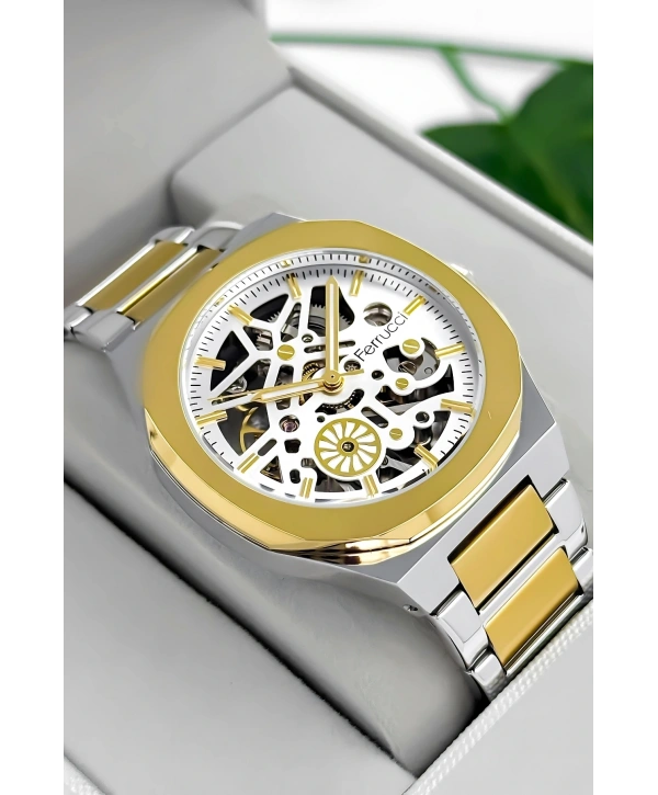 Otomatik Erkek Saati, Gümüş-Gold Renk Çelik Kordon&Kasa, Beyaz Kadran, Cam Arka Kapak sdfer