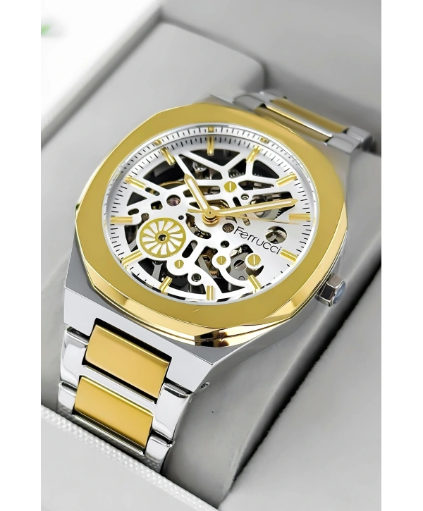 Otomatik Erkek Saati, Gümüş-Gold Renk Çelik Kordon&Kasa, Beyaz Kadran, Cam Arka Kapak sdfer