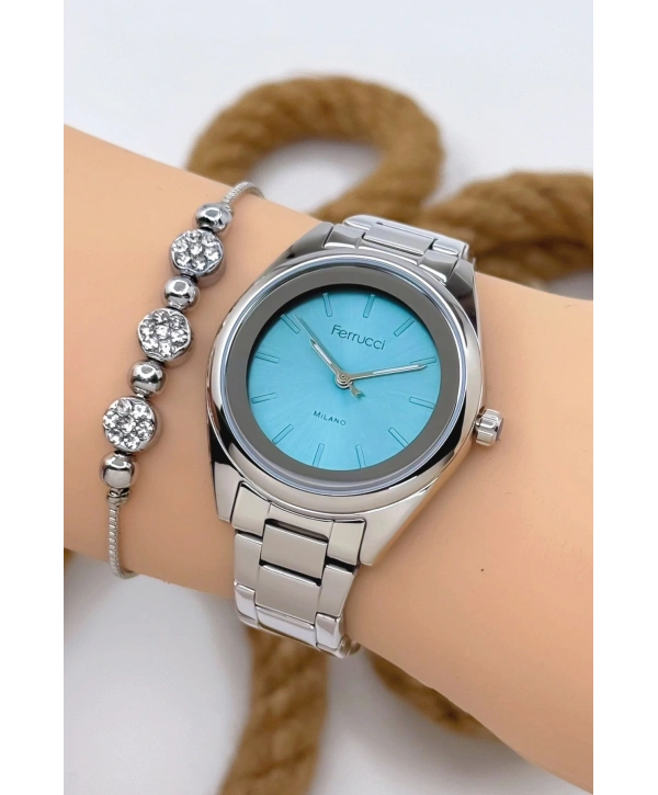 Ferrucci Kadın Kol Saati Gümüş Renk Çelik Kordon Çelik Kasa Gümüş-mavi Sdfer144