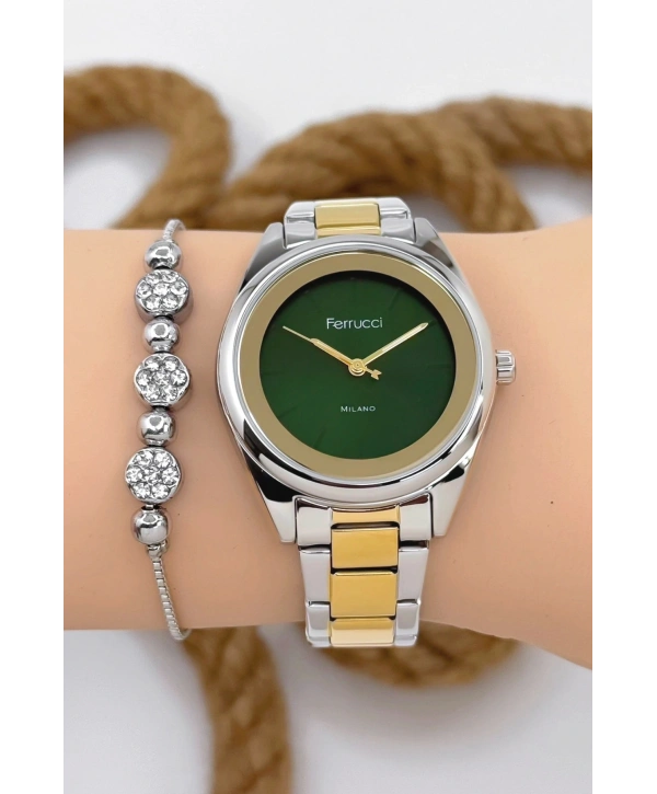Ferrucci Kadın Kol Saati Gümüş-Gold Renk Çelik Kordon Çelik Kasa Gümüş-Gold-Yeşil sdfer144