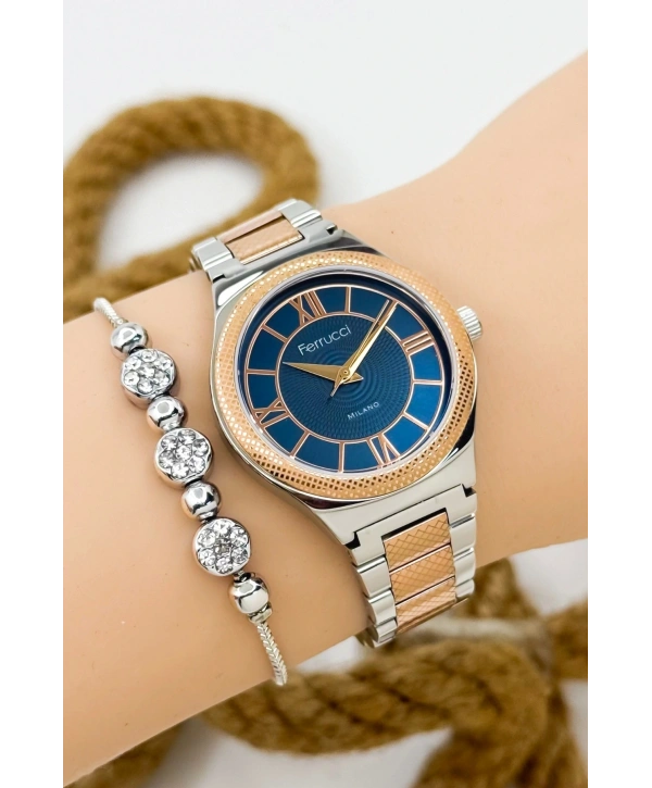Ferrucci Kadın Kol Saati Gümüş-rose Renk Çelik Kordon Çelik Kasa Rose Gold-mavi Sdfer145