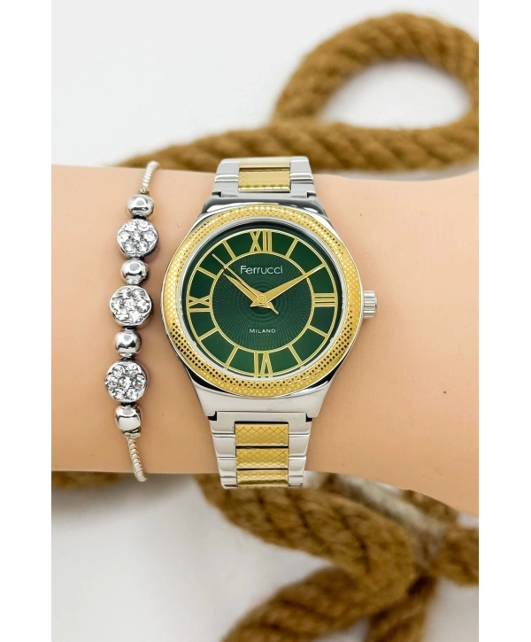 Ferrucci Kadın Kol Saati Gümüş-gold Renk Çelik Kordon Çelik Kasa Gold-gümüş-yeşil Sdfer145