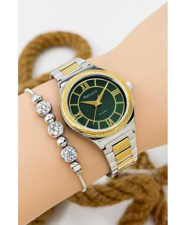 Ferrucci Kadın Kol Saati Gümüş-gold Renk Çelik Kordon Çelik Kasa Gold-gümüş-yeşil Sdfer145