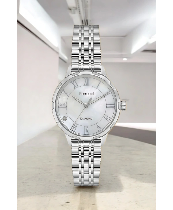 Ferrucci 3 ATM Suya Dayanıklı, Diamond Taş Detaylı, Çelik Kordon ve Kasa Kadın Kol Saati, sdfer146