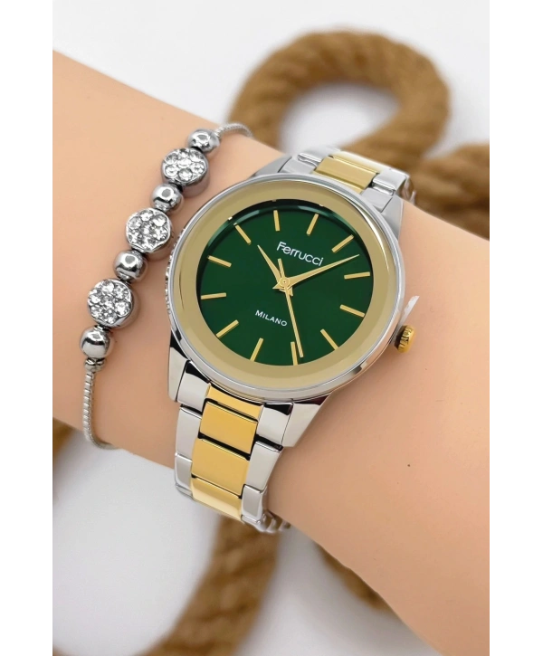 Ferrucci Kadın Kol Saati - Şık Çelik Kordon ve Kasa, Orijinal ve Garantili Gümüş-Gold-Yeşil sdfer147