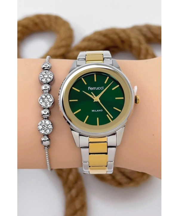 Ferrucci Kadın Kol Saati - Şık Çelik Kordon ve Kasa, Orijinal ve Garantili Gümüş-Gold-Yeşil sdfer147