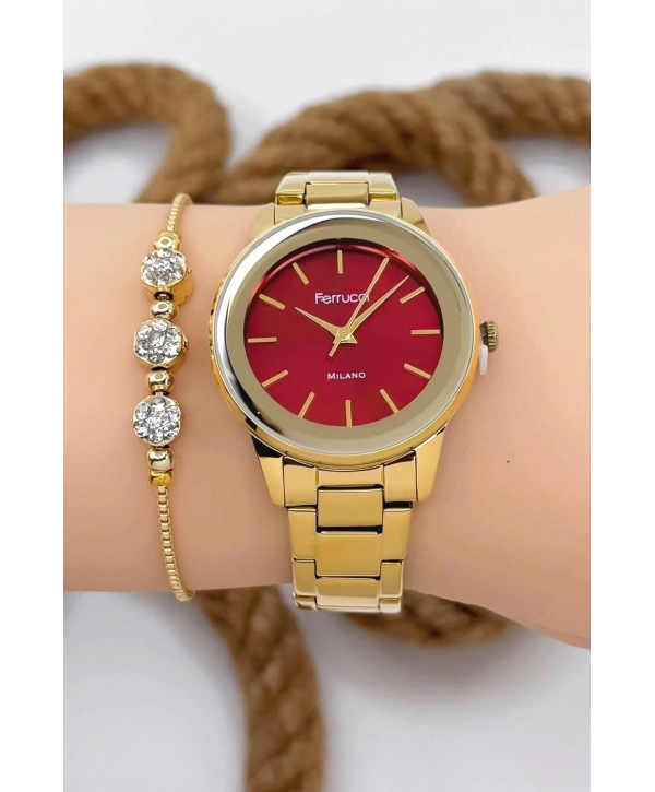 Ferrucci Kadın Kol Saati - Şık Çelik Kordon Ve Kasa, Orijinal Ve Garantili Gold-kırmızı Sdfer147