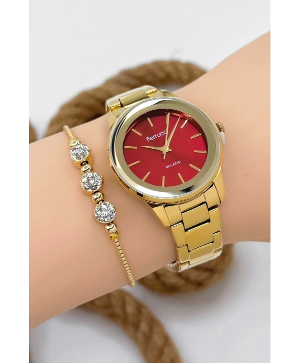 Ferrucci Kadın Kol Saati - Şık Çelik Kordon Ve Kasa, Orijinal Ve Garantili Gold-kırmızı Sdfer147