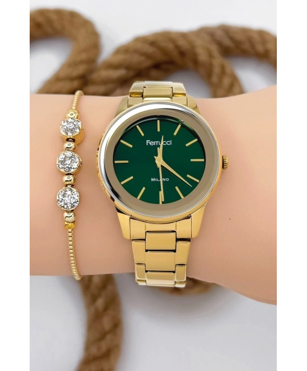 Ferrucci Kadın Kol Saati - Şık Çelik Kordon Ve Kasa, Orijinal Ve Garantili Gold-yeşil Sdfer147