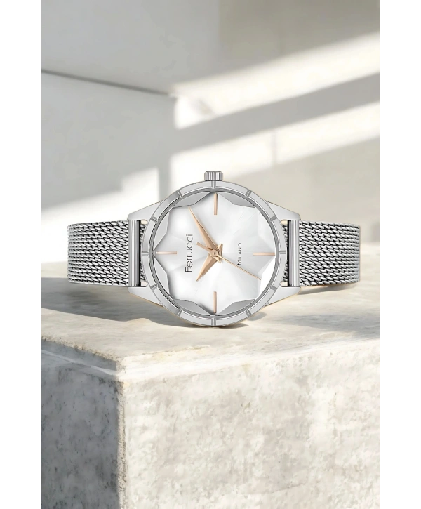 Ferrucci Şık Çelik Kasa Ve Hasır Kordon, Kadın Kol Saati, Orijinal Ve Garantili Gümüş-beyaz Sdfer148