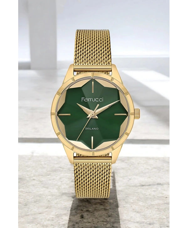Ferrucci Şık Çelik Kasa Ve Hasır Kordon, Kadın Kol Saati, Orijinal Ve Garantili Gold-yeşil Sdfer148